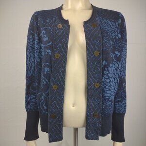 Peruvian Connection blue floral open front 100% Cotton cardigan womens Large
